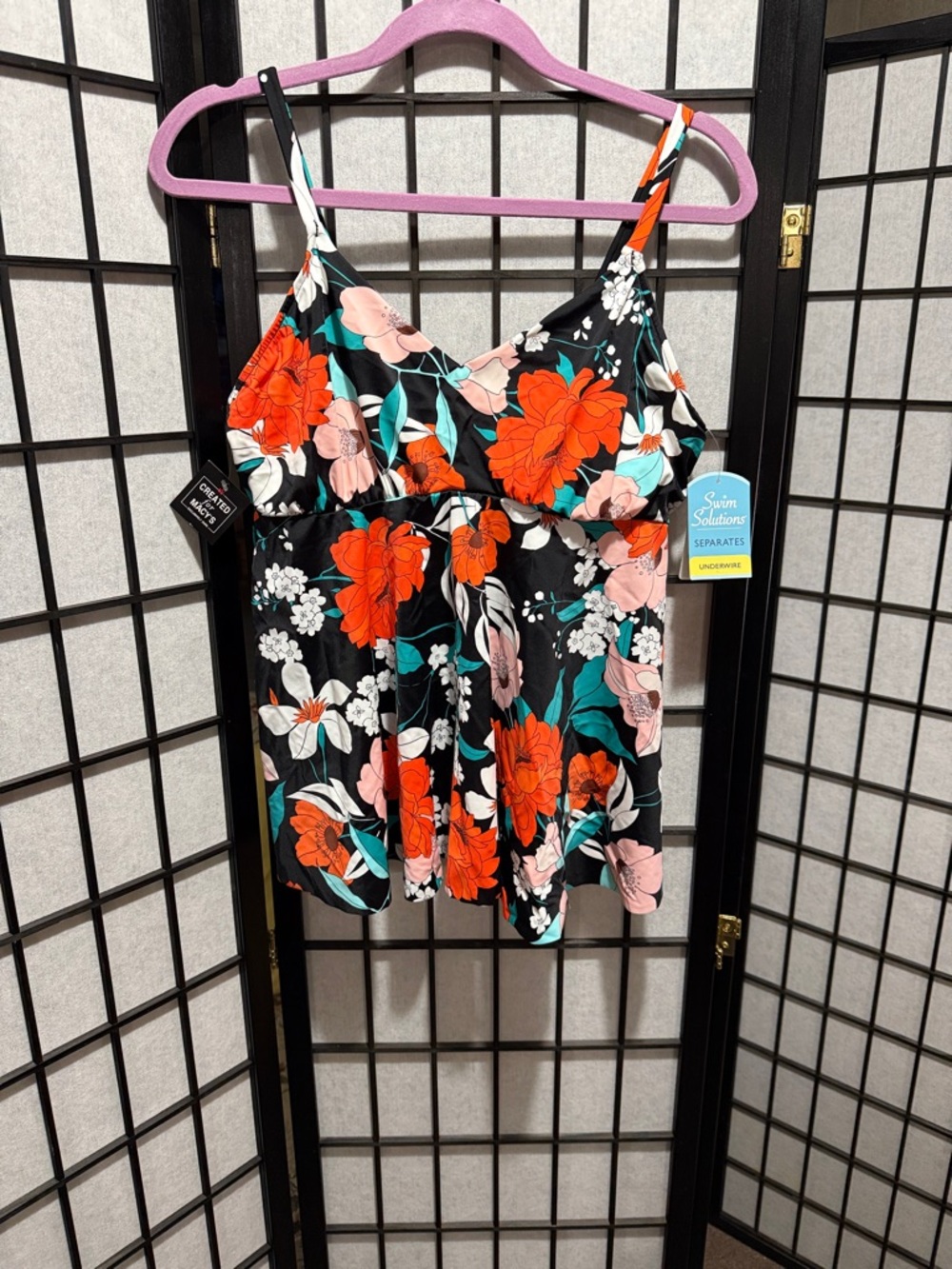 Swim Solutions Black Tankini Top with Orange & Pink Floral Print Size 16